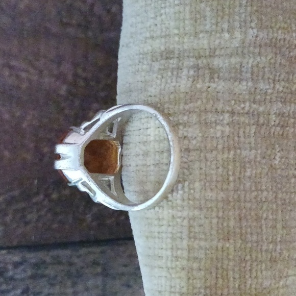 Synthetic Orange Stone Four Prong Set Silver Ring - Picture 3 of 11